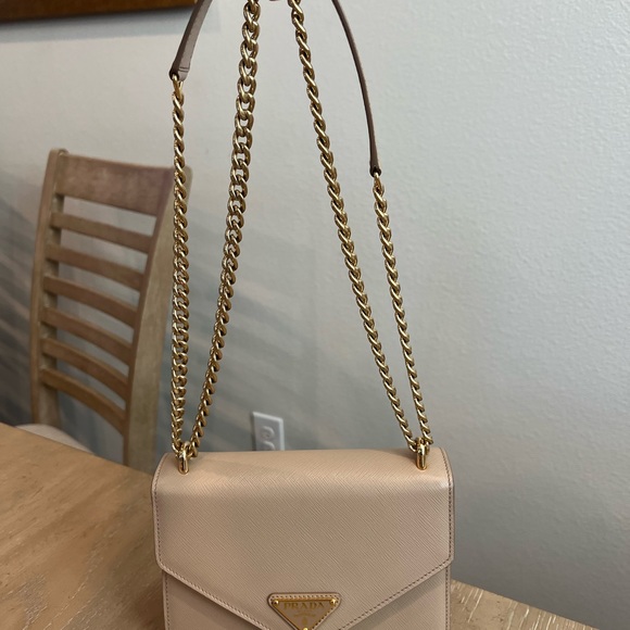 Prada Envelope Flap Chain Shoulder bag Saffiano Leather Small Beige - Picture 3 of 9